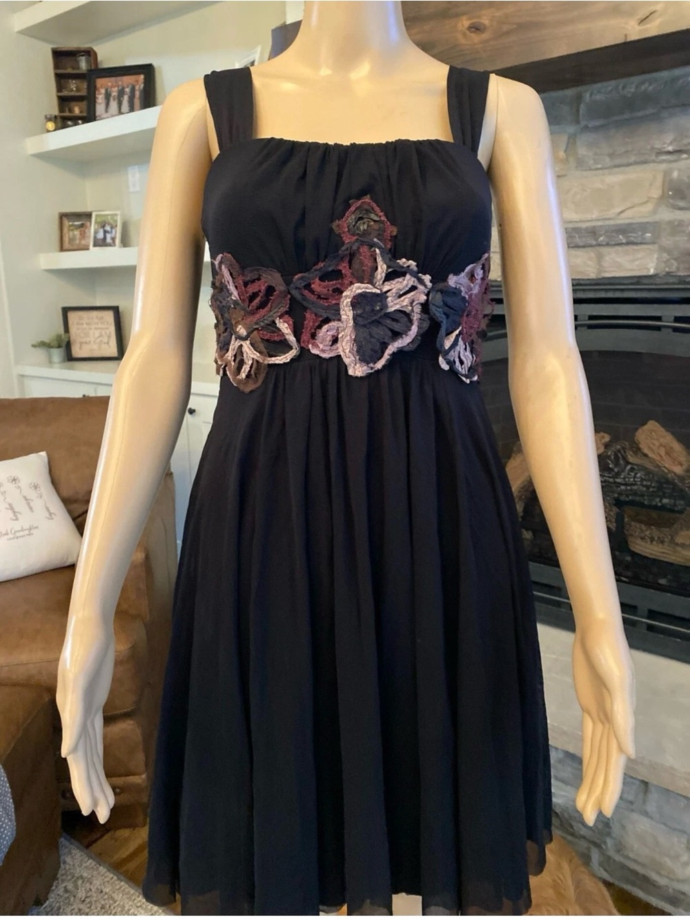 Elana Kattan Black Sleeveless Dress with Floral Waist Detail Size Small